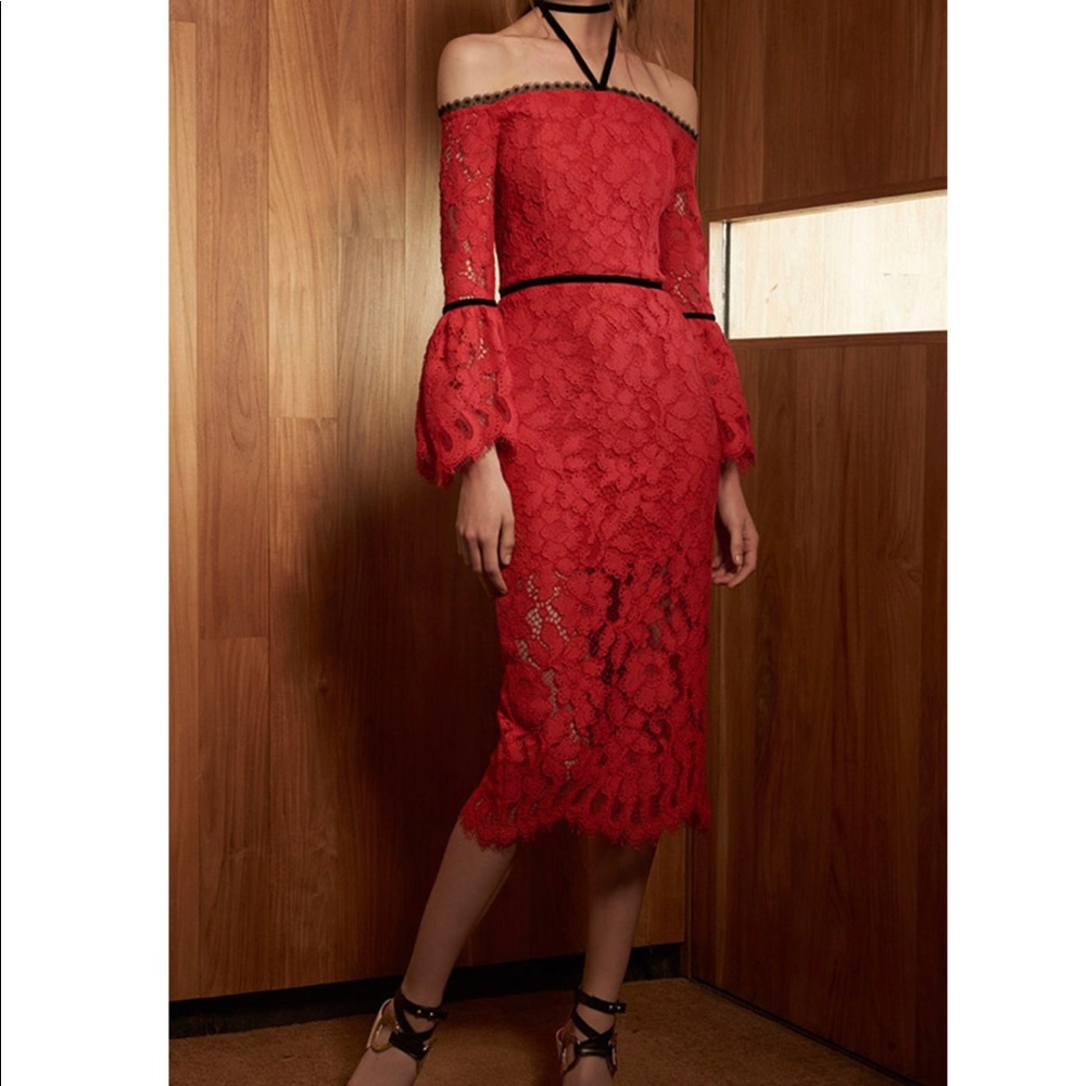 Alexis Odette Red Lace off the shoulder midi dress